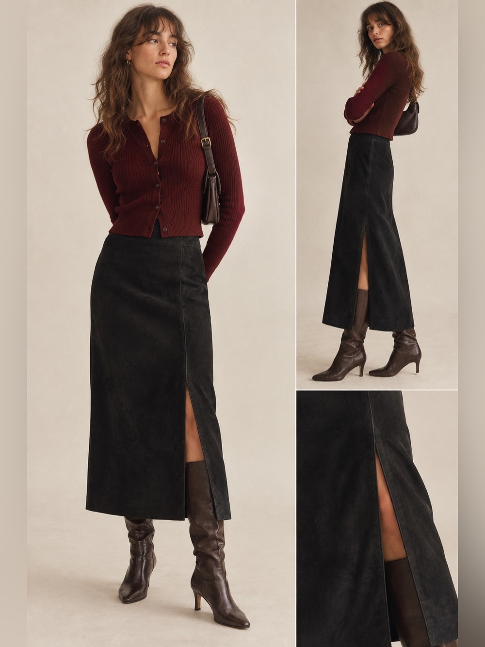 Vintage 100% Suede Carlisle Black Midi Skirt Size 10 Side Slit